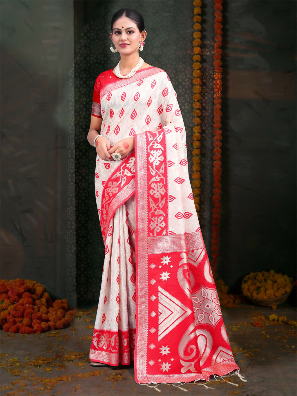 Shree Shyam Fashion Devistuti Red White Linen Cotton Saree