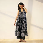 Pimu Women Floral Printed Pleated Pure Cotton Kurta with Palazzos-Black