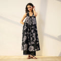 Pimu Women Floral Printed Pleated Pure Cotton Kurta with Palazzos-Black