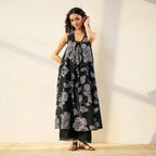 Pimu Women Floral Printed Pleated Pure Cotton Kurta with Palazzos-Black