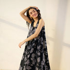 Pimu Women Floral Printed Pleated Pure Cotton Kurta with Palazzos-Black