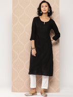 Yufta Black Embroidered Chikankari Cotton Kurta