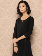 Yufta Black Embroidered Chikankari Cotton Kurta