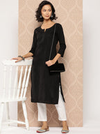Yufta Black Embroidered Chikankari Cotton Kurta
