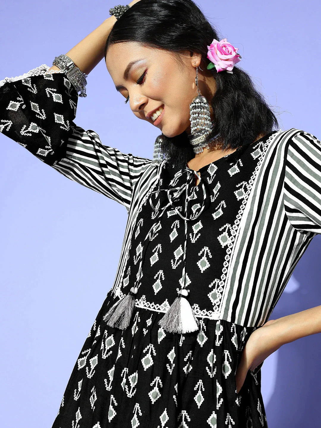 Yufta Black Ethnic Motifs Indie Gal Dress - Distacart