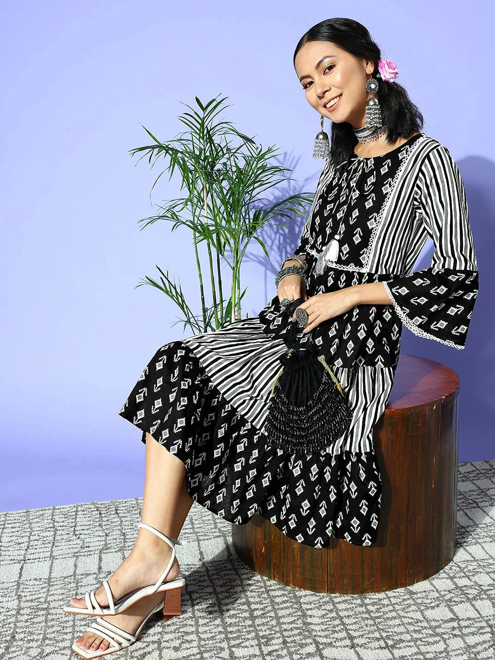 Yufta Black Ethnic Motifs Indie Gal Dress - Distacart