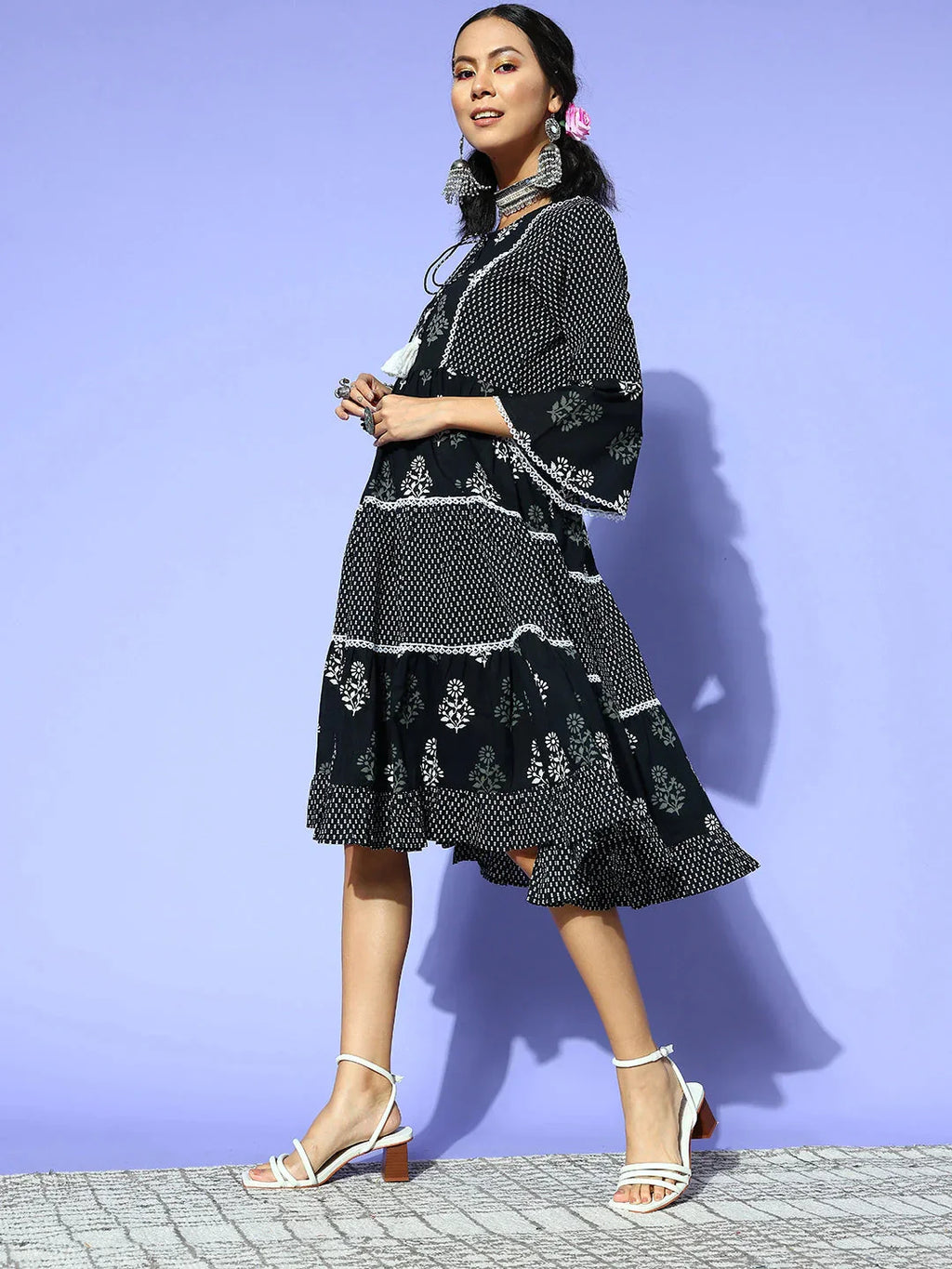 Yufta Black Ethnic Motifs Indie Gal Dress - Distacart