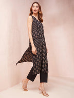 Yufta Black Ethnic Motifs Round Neck Straight Kurta