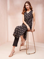 Yufta Black Ethnic Motifs Round Neck Straight Kurta