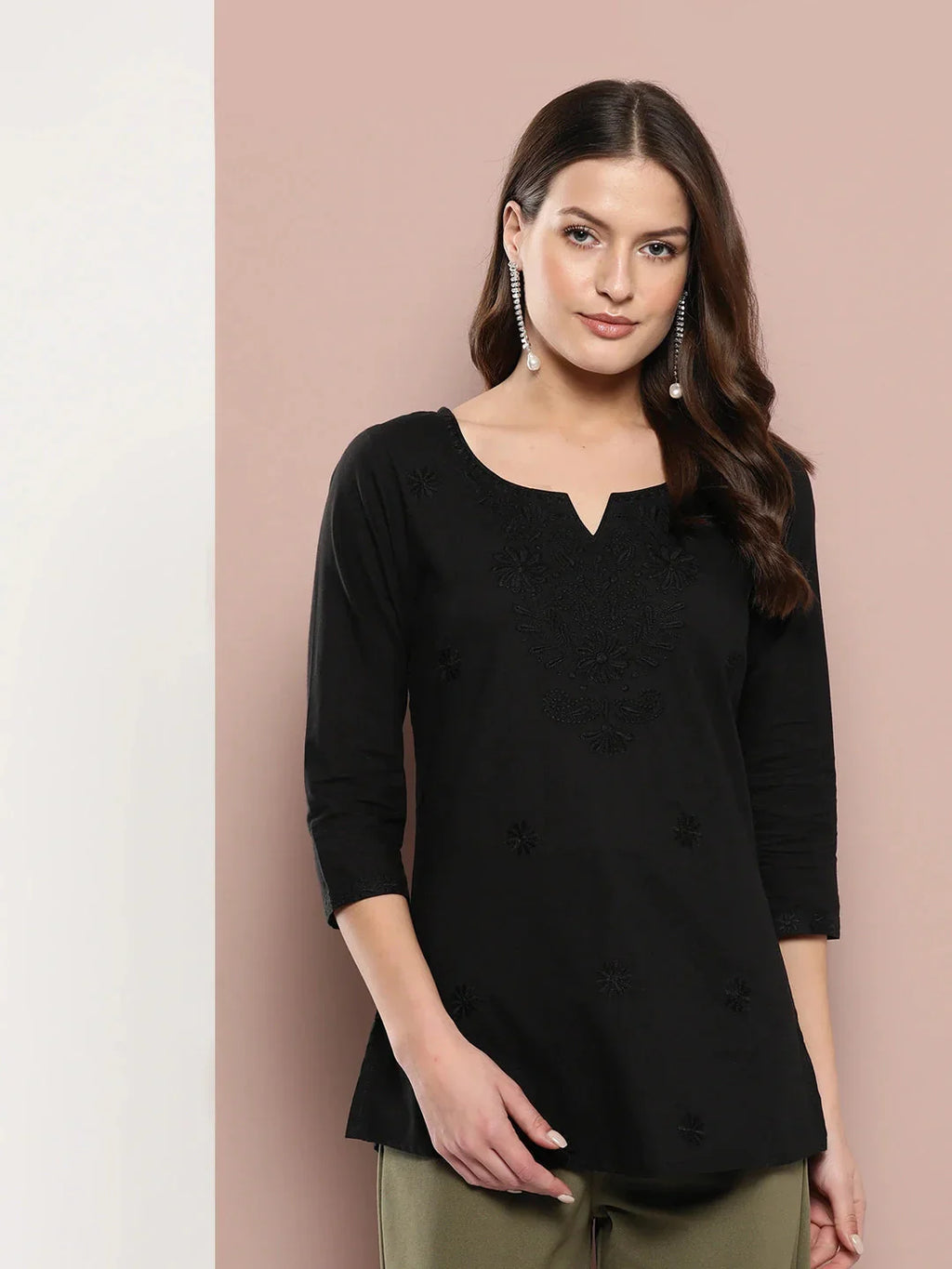 Yufta Black Floral Chikankari Embroidered Pure Cotton Top