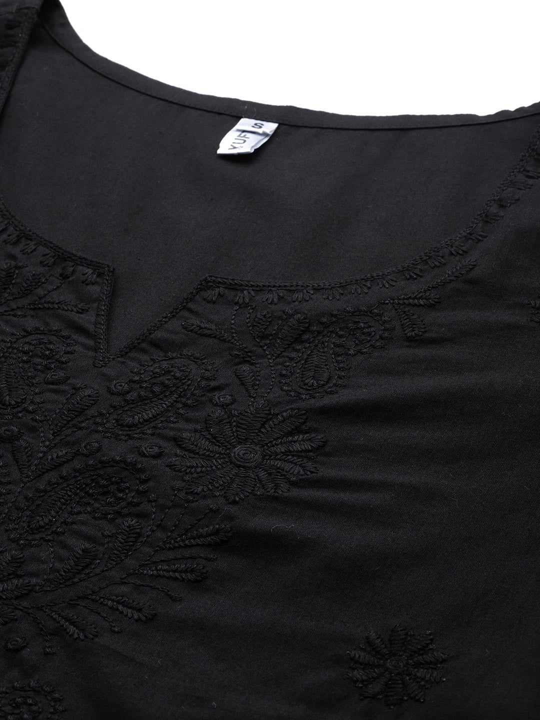 Yufta Black Floral Chikankari Embroidered Pure Cotton Top
