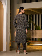 Yufta Black Floral Print Piping On Yoke Pakistani Style Kurta With Trousers And Dupatta Set