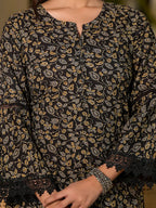 Yufta Black Floral Print Piping On Yoke Pakistani Style Kurta With Trousers And Dupatta Set