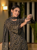 Yufta Black Floral Print Piping On Yoke Pakistani Style Kurta With Trousers And Dupatta Set