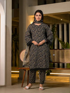 Yufta Black Floral Print Piping On Yoke Pakistani Style Kurta With Trousers And Dupatta Set