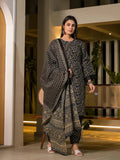 Yufta Black Floral Print Piping On Yoke Pakistani Style Kurta With Trousers And Dupatta Set