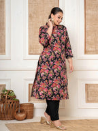 Yufta Black Kantha Work Plus Size Kurta Set With Pant