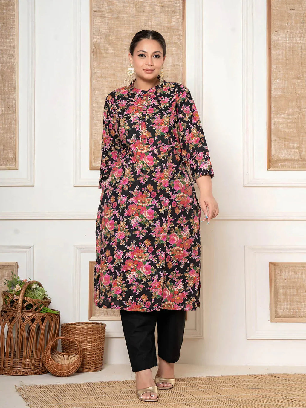 Yufta Black Kantha Work Plus Size Kurta Set With Pant