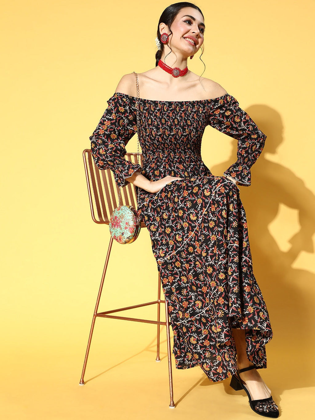 Yufta Black & Mustard Ethnic Printed Dress - Distacart