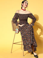 Yufta Black & Mustard Ethnic Printed Dress - Distacart