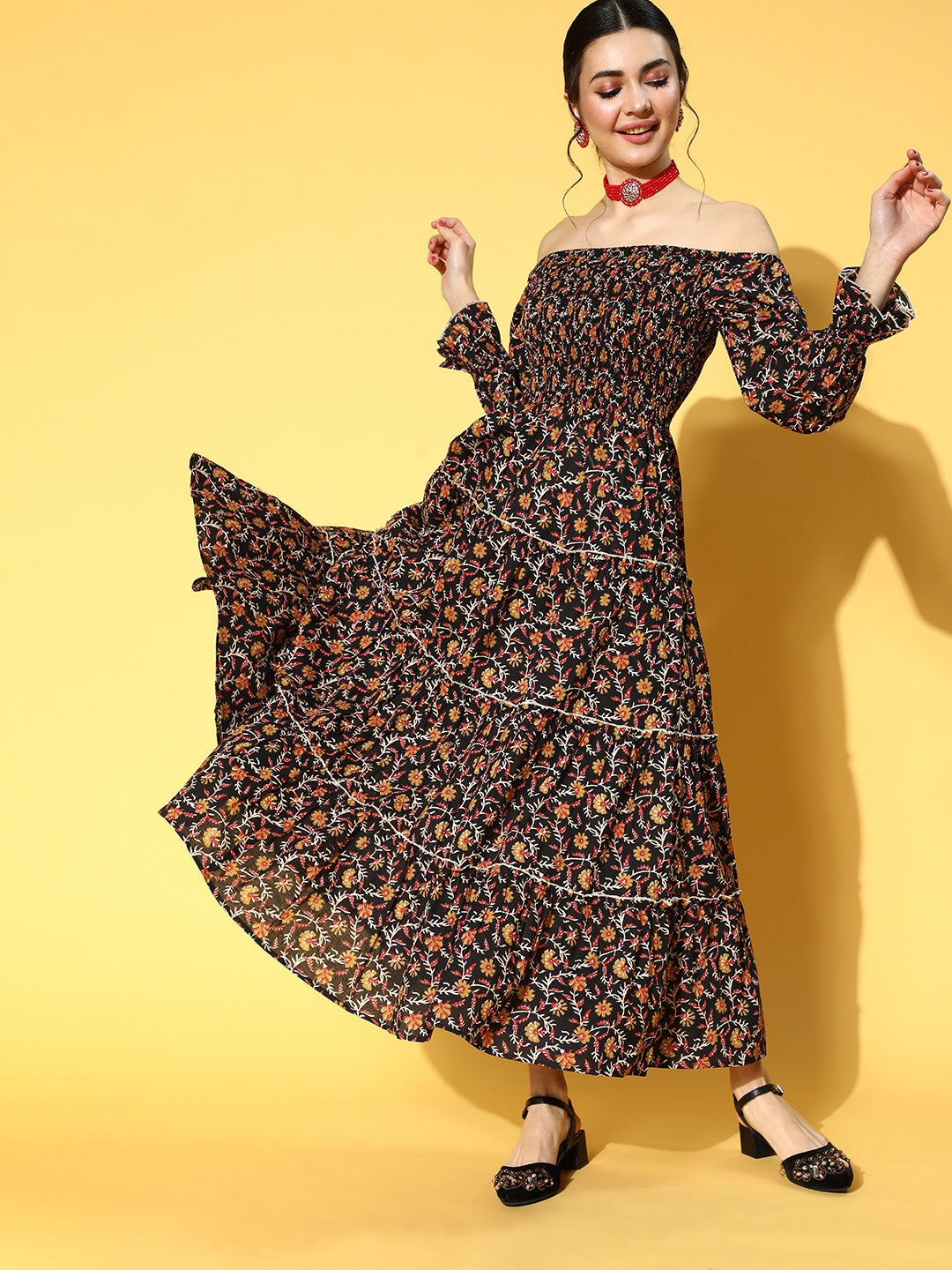 Yufta Black & Mustard Ethnic Printed Dress - Distacart
