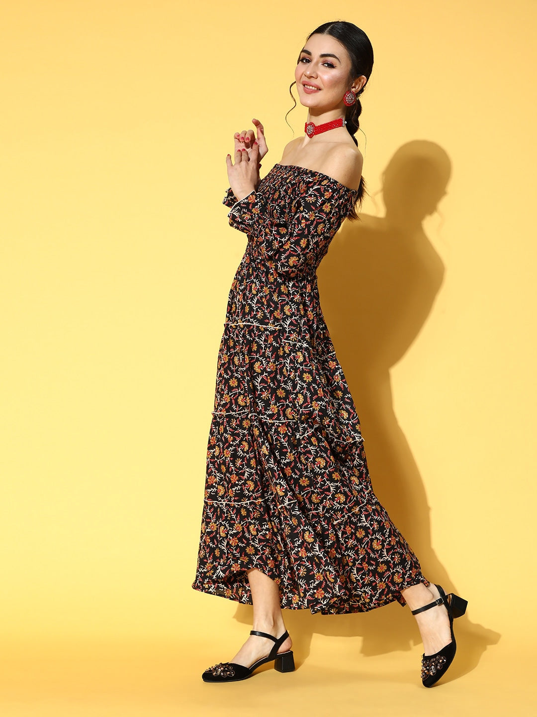Yufta Black & Mustard Ethnic Printed Dress - Distacart