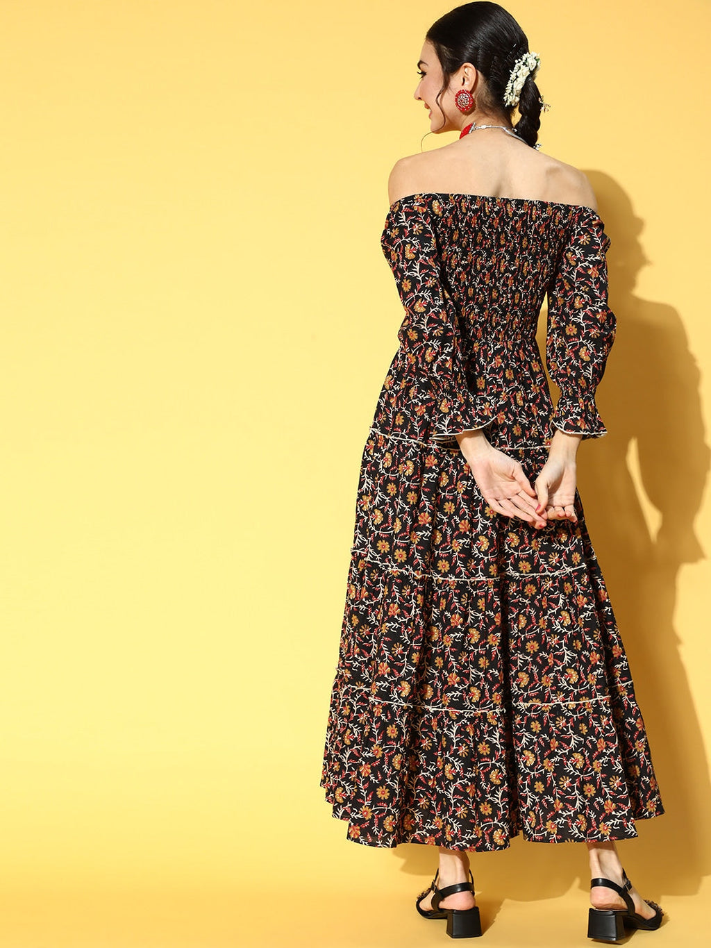 Yufta Black & Mustard Ethnic Printed Dress - Distacart