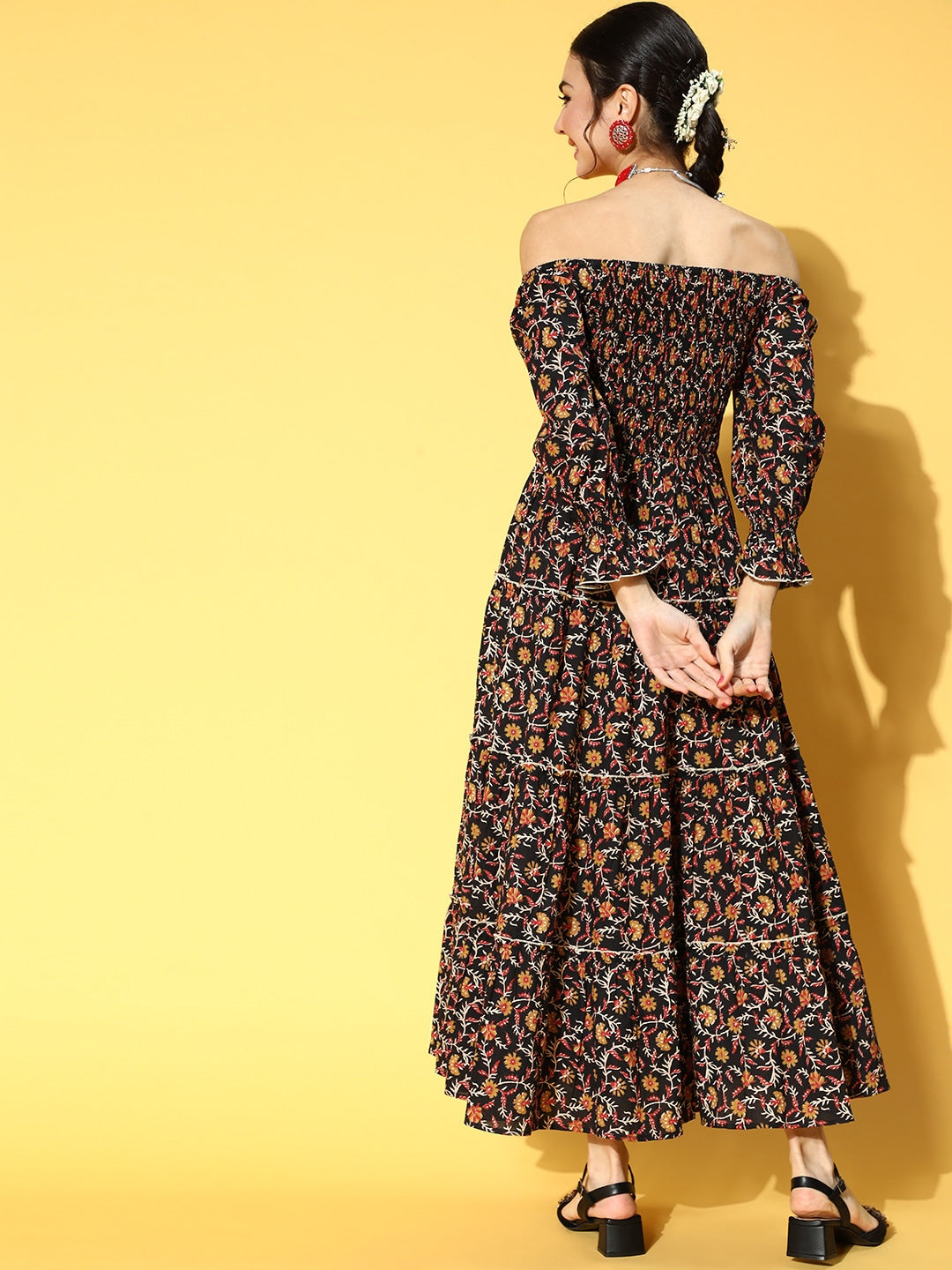 Yufta Black & Mustard Ethnic Printed Dress - Distacart