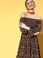 Yufta Black & Mustard Ethnic Printed Dress - Distacart