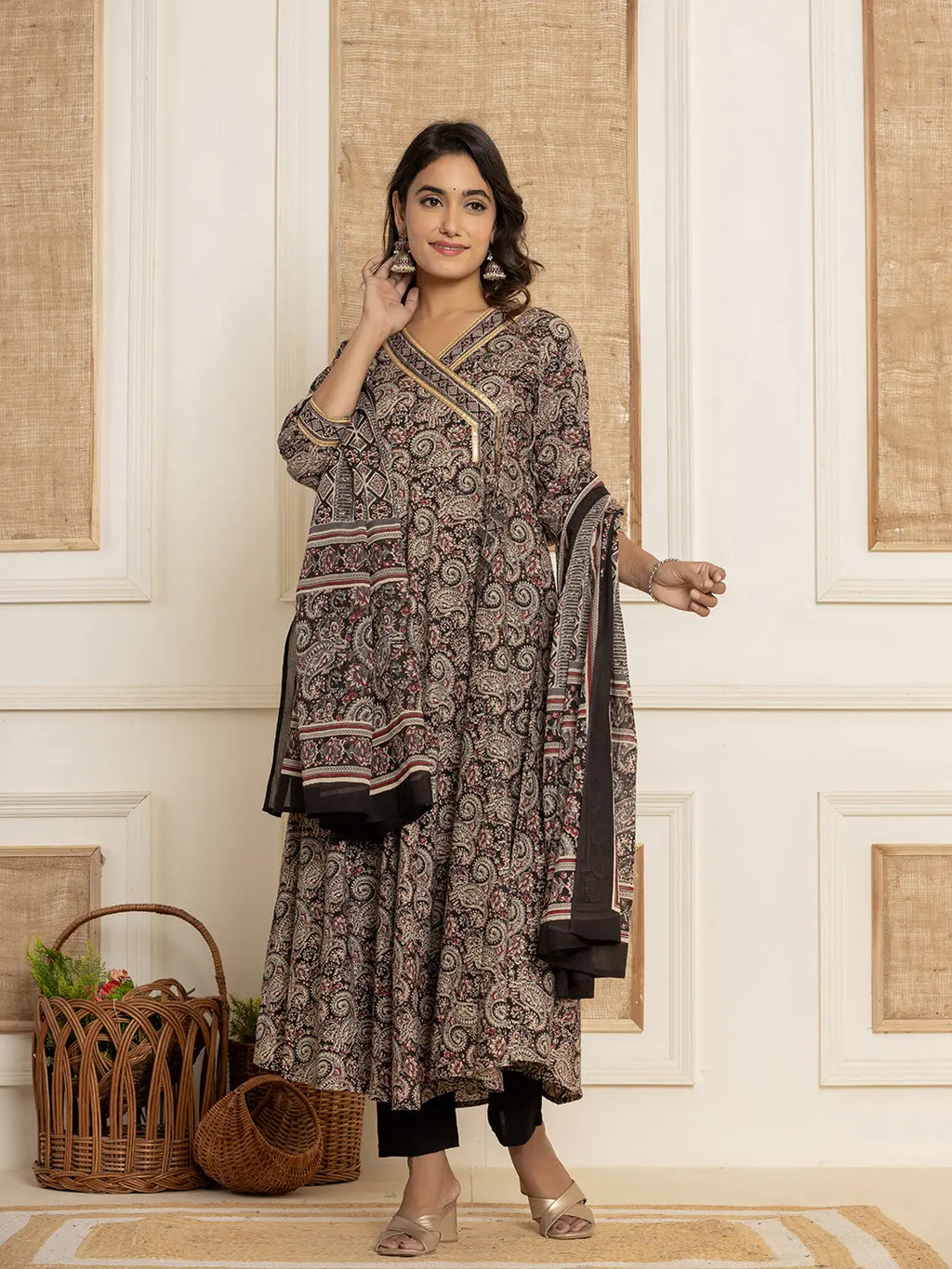 Yufta Black Paisley Print Anarkali Style Kurta And Trousers With Dupatta Set