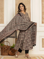 Yufta Black Paisley Print Anarkali Style Kurta And Trousers With Dupatta Set