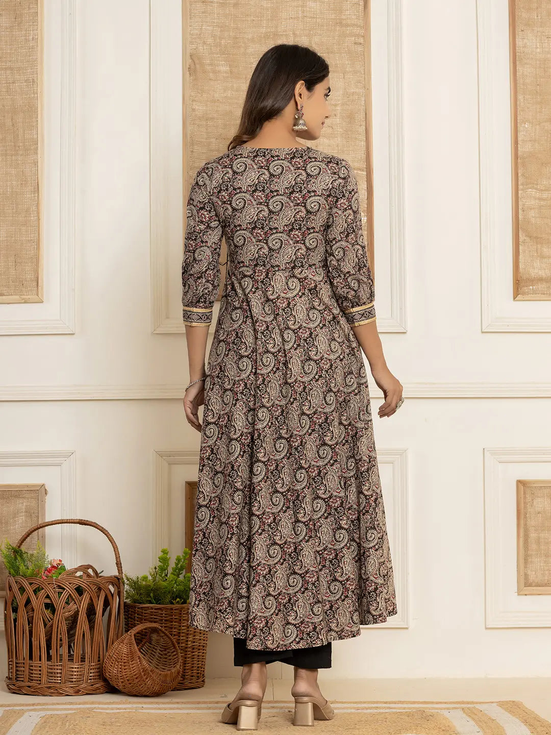 Yufta Black Paisley Print Anarkali Style Kurta And Trousers With Dupatta Set