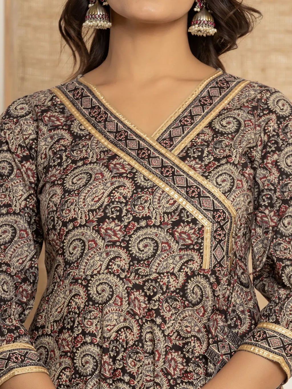 Yufta Black Paisley Print Anarkali Style Kurta And Trousers With Dupatta Set