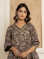 Yufta Black Paisley Print Anarkali Style Kurta And Trousers With Dupatta Set