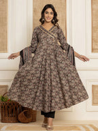 Yufta Black Paisley Print Anarkali Style Kurta And Trousers With Dupatta Set