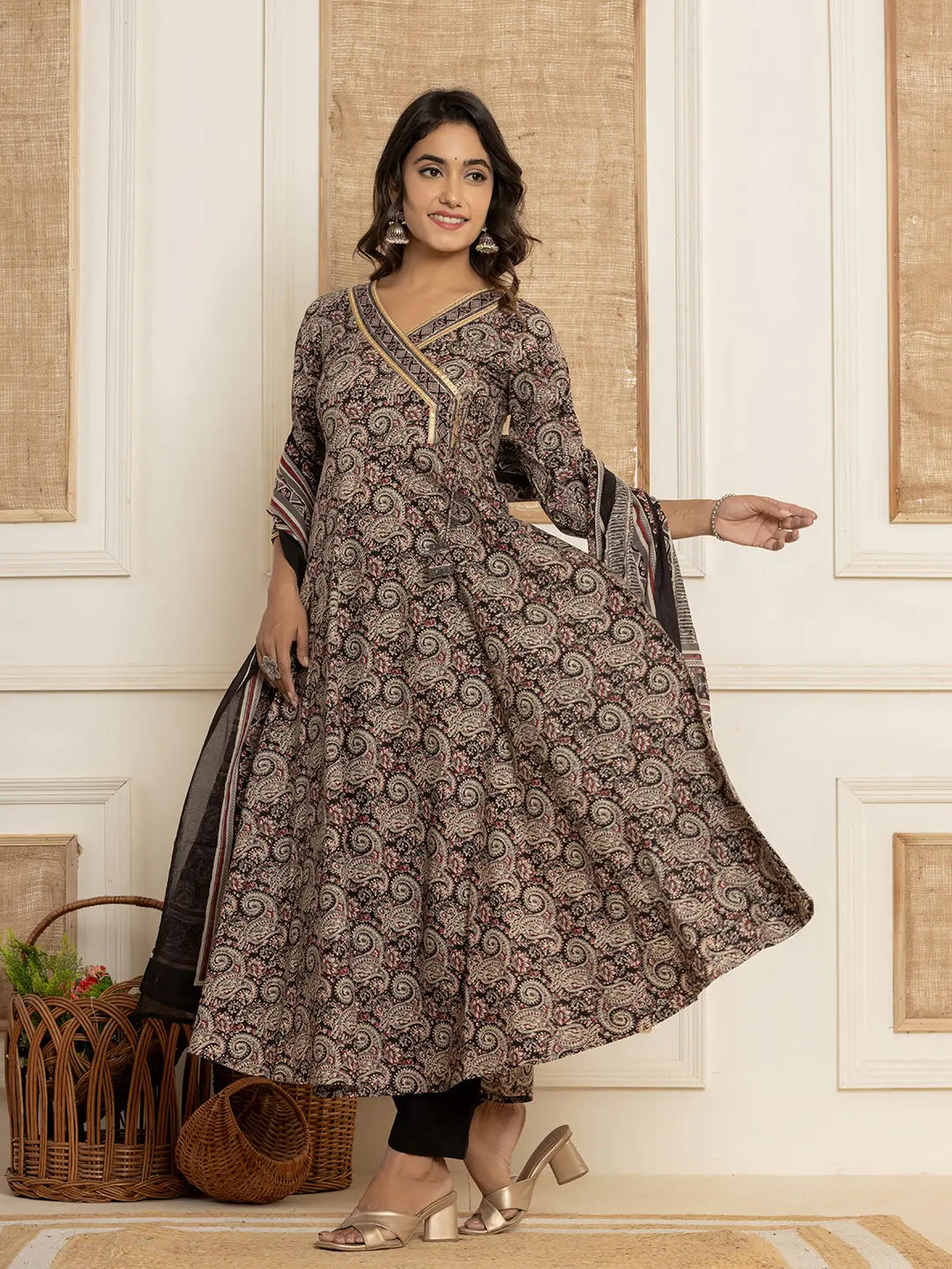 Yufta Black Paisley Print Anarkali Style Kurta And Trousers With Dupatta Set