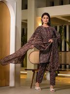 Yufta Black Pure Cotton Paisley Print Pakistani Style Kurta And Trousers With Dupatta Set