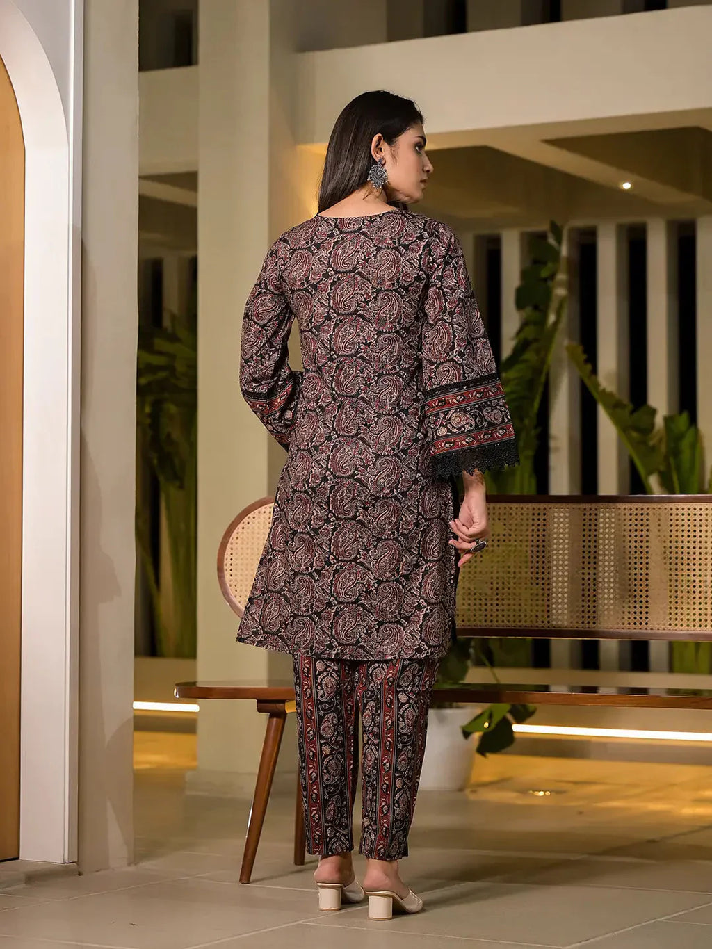 Yufta Black Pure Cotton Paisley Print Pakistani Style Kurta And Trousers With Dupatta Set