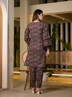 Yufta Black Pure Cotton Paisley Print Pakistani Style Kurta And Trousers With Dupatta Set