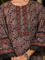 Yufta Black Pure Cotton Paisley Print Pakistani Style Kurta And Trousers With Dupatta Set