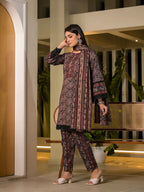 Yufta Black Pure Cotton Paisley Print Pakistani Style Kurta And Trousers With Dupatta Set