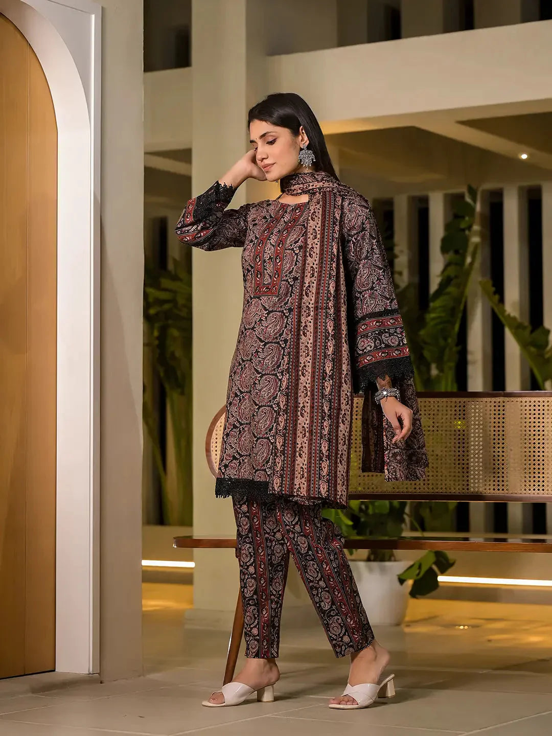 Yufta Black Pure Cotton Paisley Print Pakistani Style Kurta And Trousers With Dupatta Set