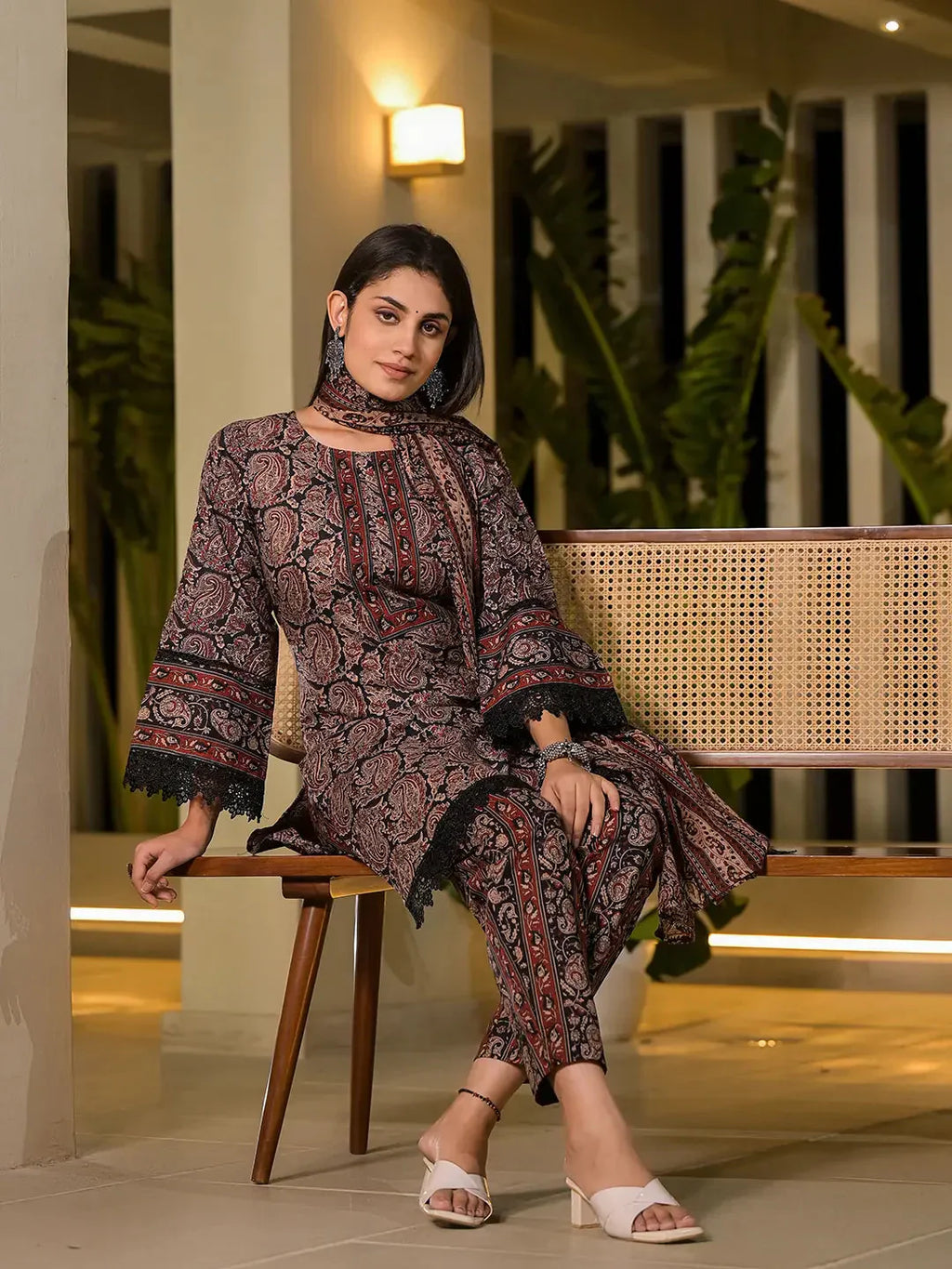 Yufta Black Pure Cotton Paisley Print Pakistani Style Kurta And Trousers With Dupatta Set