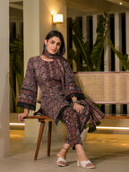 Yufta Black Pure Cotton Paisley Print Pakistani Style Kurta And Trousers With Dupatta Set