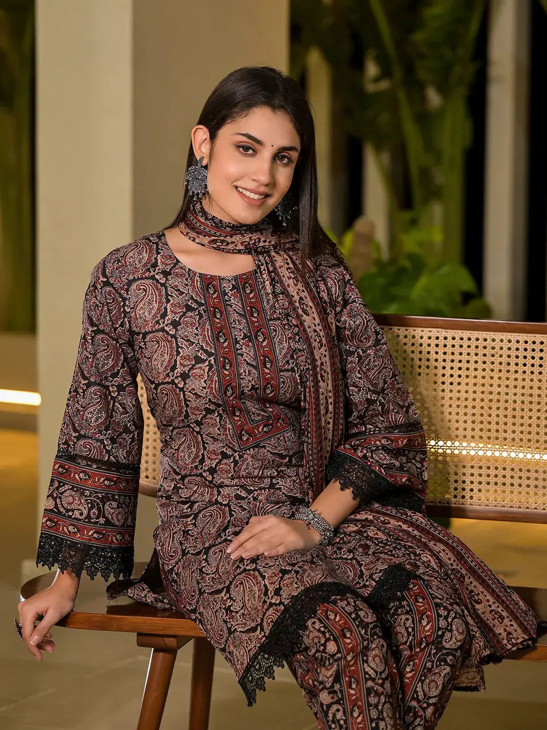 Yufta Black Pure Cotton Paisley Print Pakistani Style Kurta And Trousers With Dupatta Set