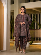 Yufta Black Pure Cotton Paisley Print Pakistani Style Kurta And Trousers With Dupatta Set
