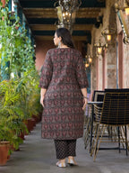 Yufta Black & Red Floral Print Straight Plus size Kurta Trouser And Dupatta Set