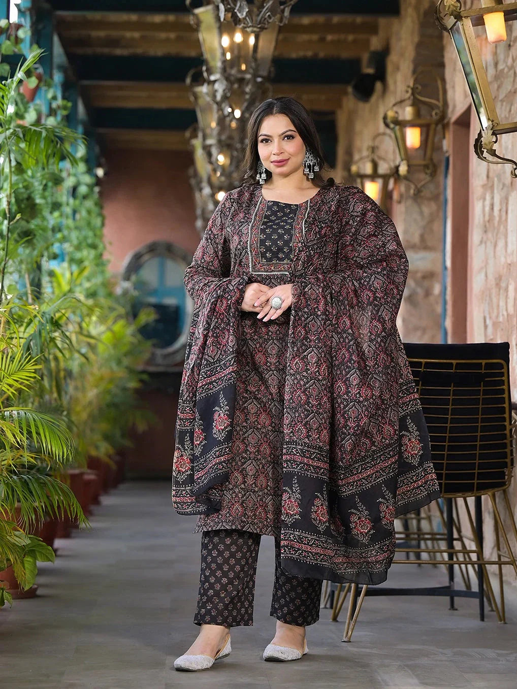 Yufta Black & Red Floral Print Straight Plus size Kurta Trouser And Dupatta Set