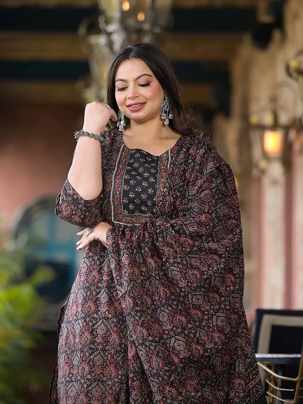 Yufta Black & Red Floral Print Straight Plus size Kurta Trouser And Dupatta Set