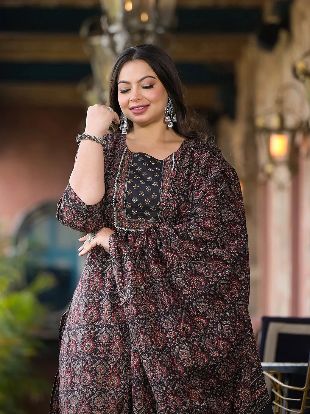 Yufta Black & Red Floral Print Straight Plus size Kurta Trouser And Dupatta Set